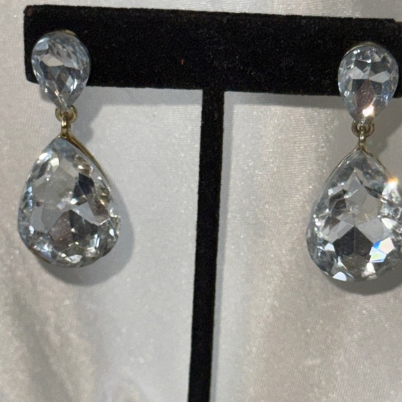 Formal Large Stone Double Teardrop Earrings Designer Inspired Dangles Gold Post - Picture 4 of 10
